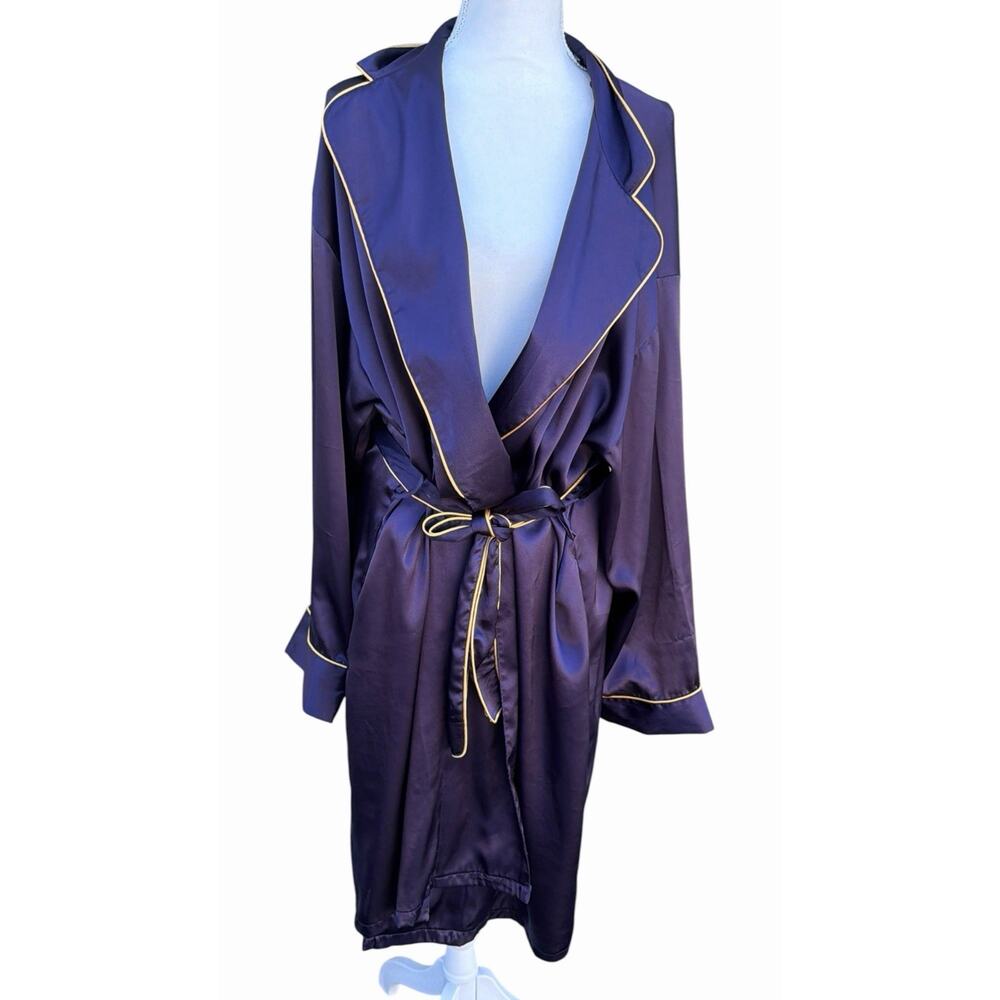 Victoria's Secret Satin Kimono Robe XL Dark Purple Gold Trim Long Belted Pockets
